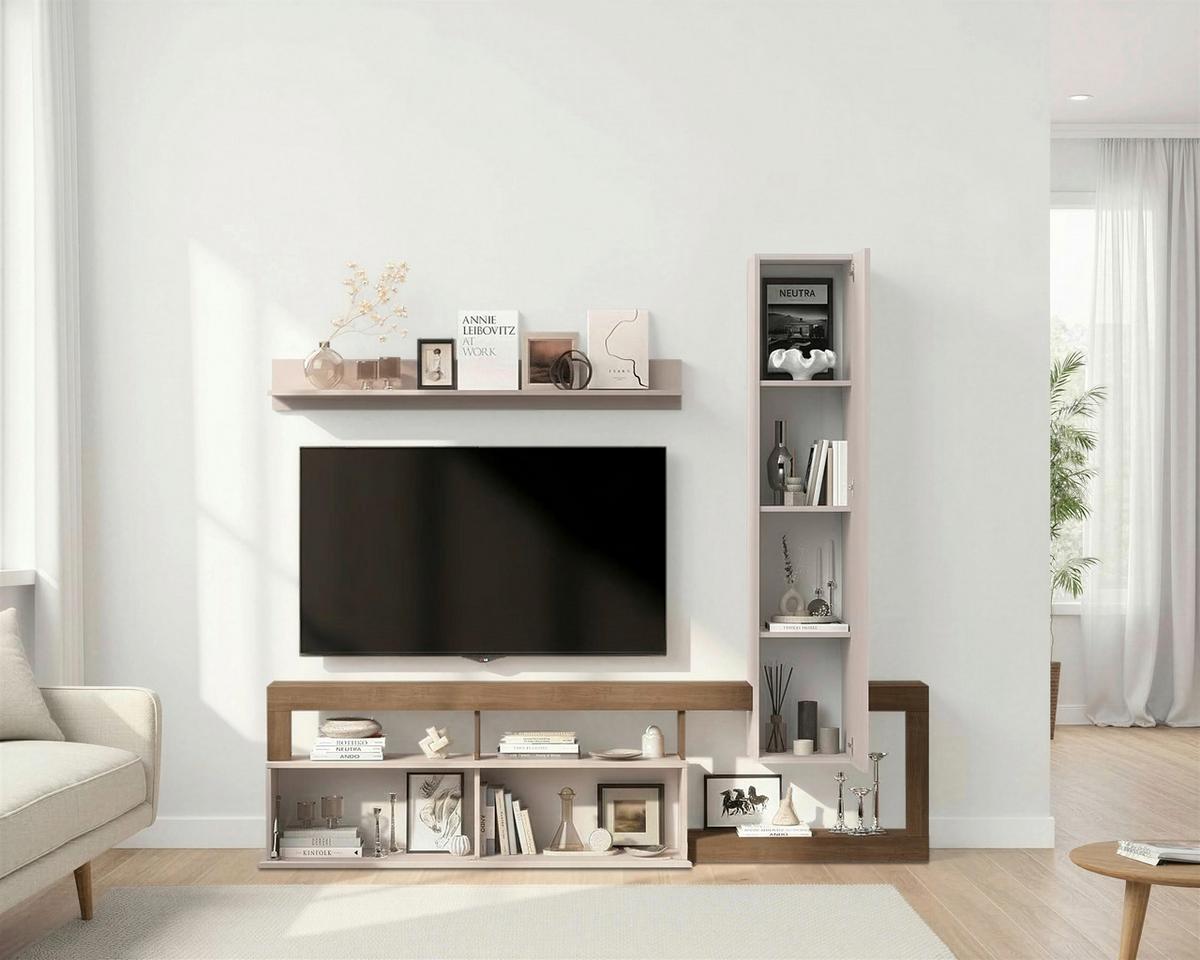 Wohnwand Hamburg Eiche Dekor/kaschmir B: 219cm - Kaschmir/Eichefarben, MODERN, Holzwerkstoff (219/200/35cm)