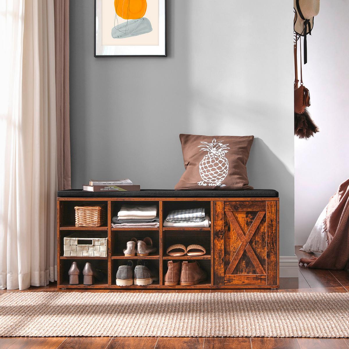 SCHUHBANK Dunkelbraun B: 110 cm - Dunkelbraun/Schwarz, Trend, Holzwerkstoff/Textil (110/48/30cm) - MID.YOU