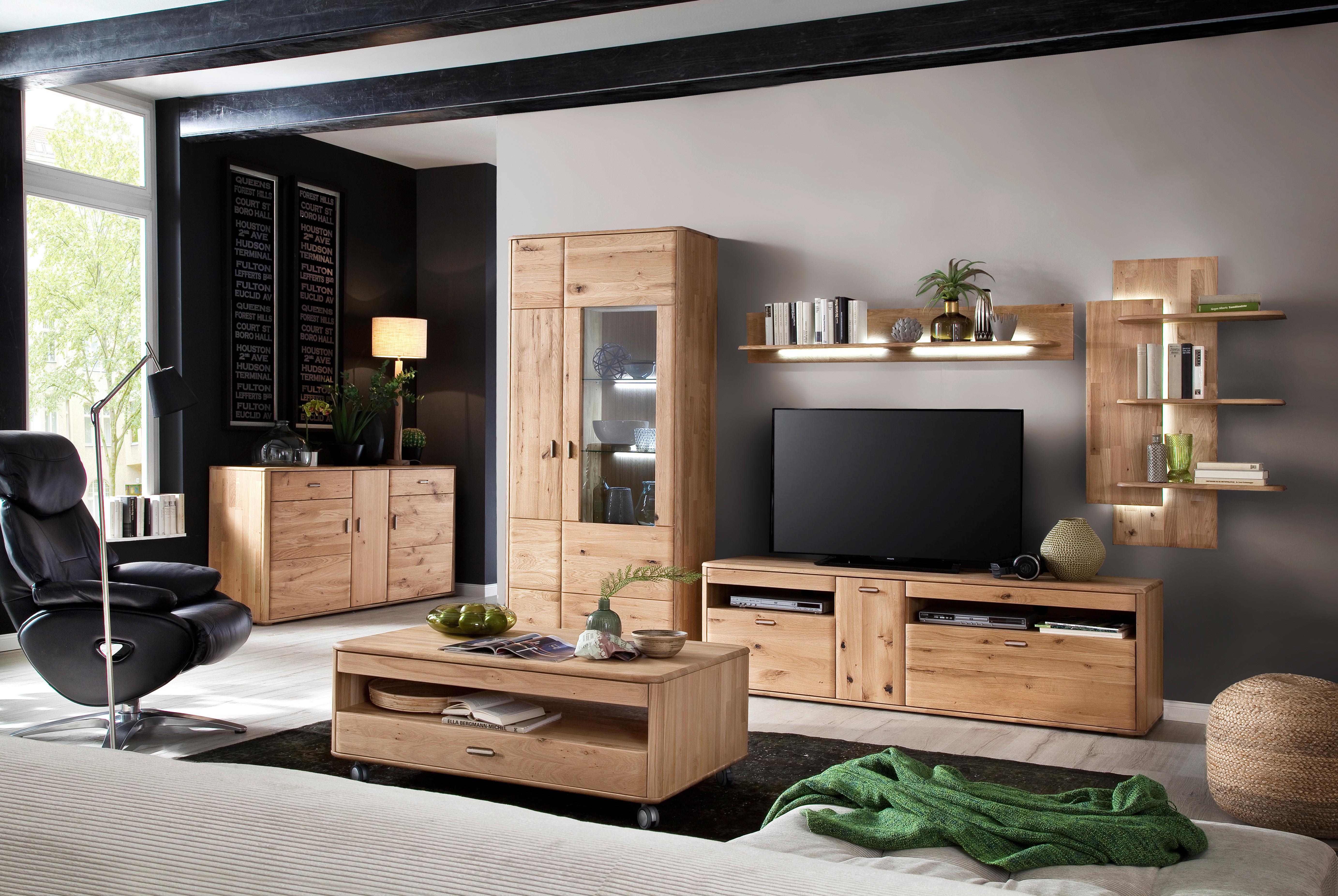 Wohnkombination Massiv 4-Tlg. Ravello Eichefarben - Eichefarben, Design, Glas/Holz (340/208/50cm) - Livetastic