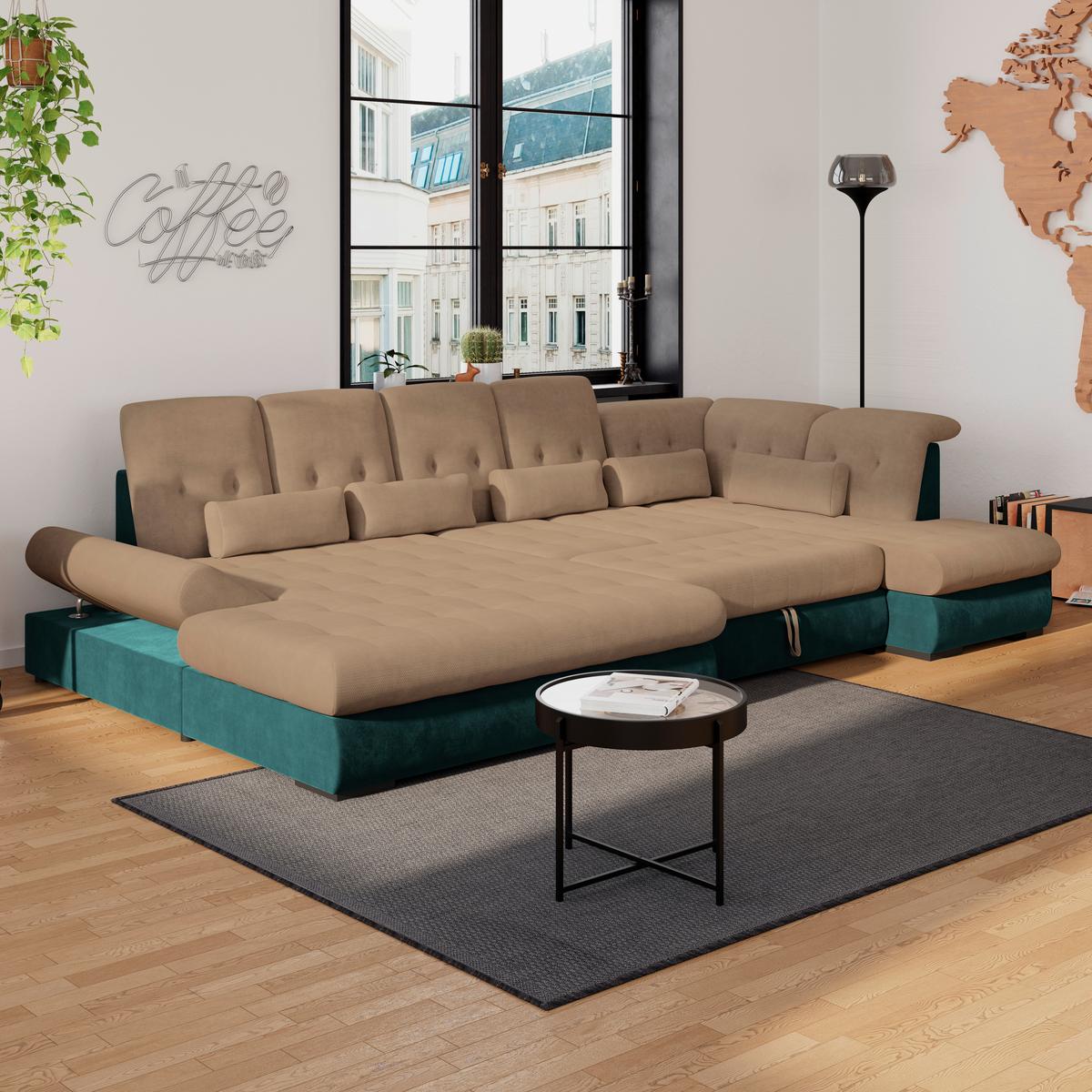 Wohnlandschaft Madera Dunkelbraun S: 358x212 cm - Türkis/Dunkelbraun, KONVENTIONELL, Kunststoff/Textil (190/358/212cm)