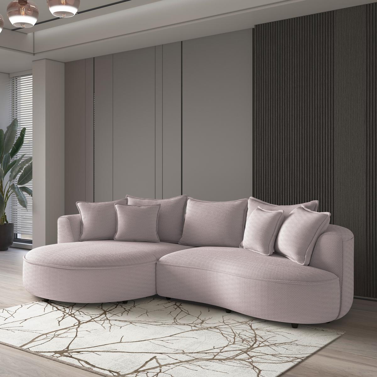 Rohová sedačka LEVI, levá, svetlě růžová, se 7 polštáři - černá/světle růžová, Moderní, textil/plast (168/287cm)