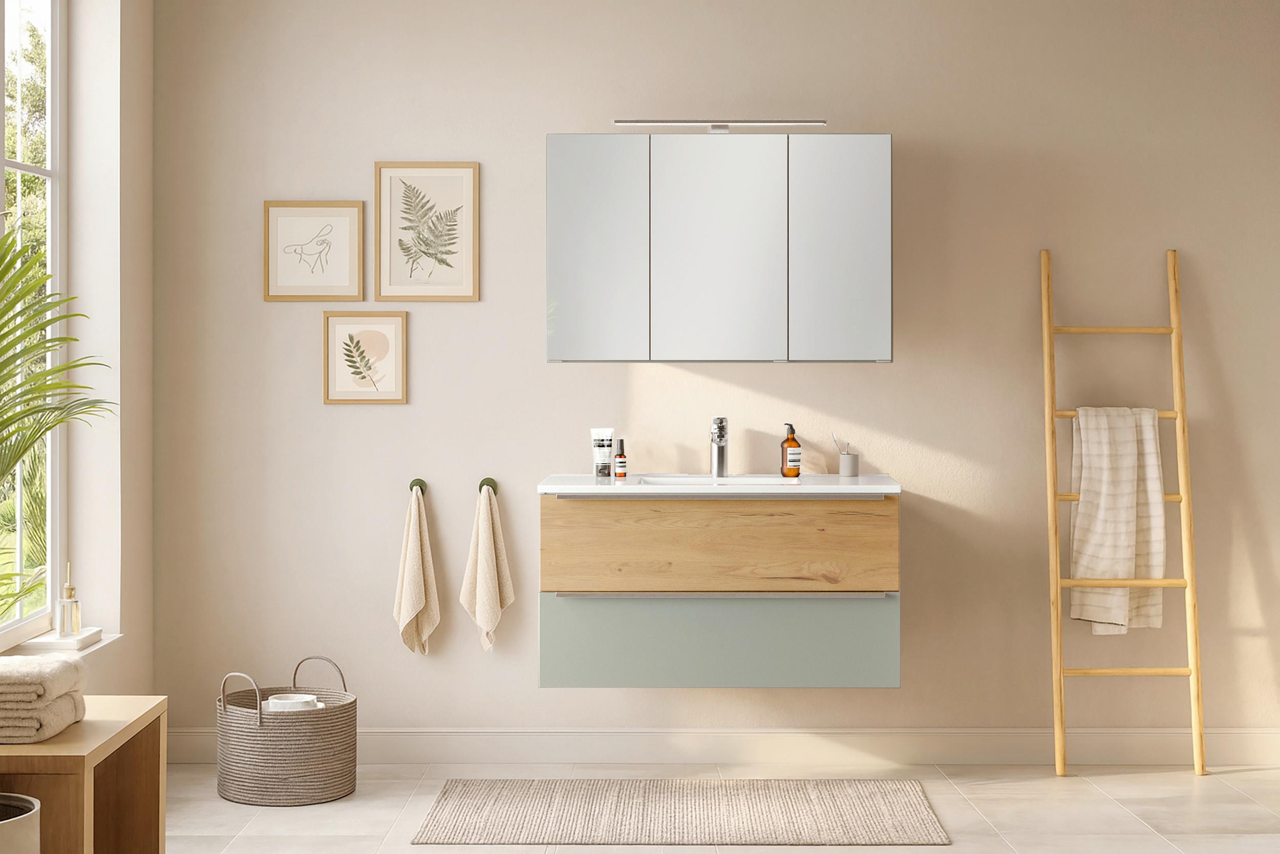 Badezimmer Verona Wildeiche/Schilfgrün 2-teilig - Schilfgrün/Wildeiche, Trend, Glas/Holzwerkstoff (100/200/47cm) - Held