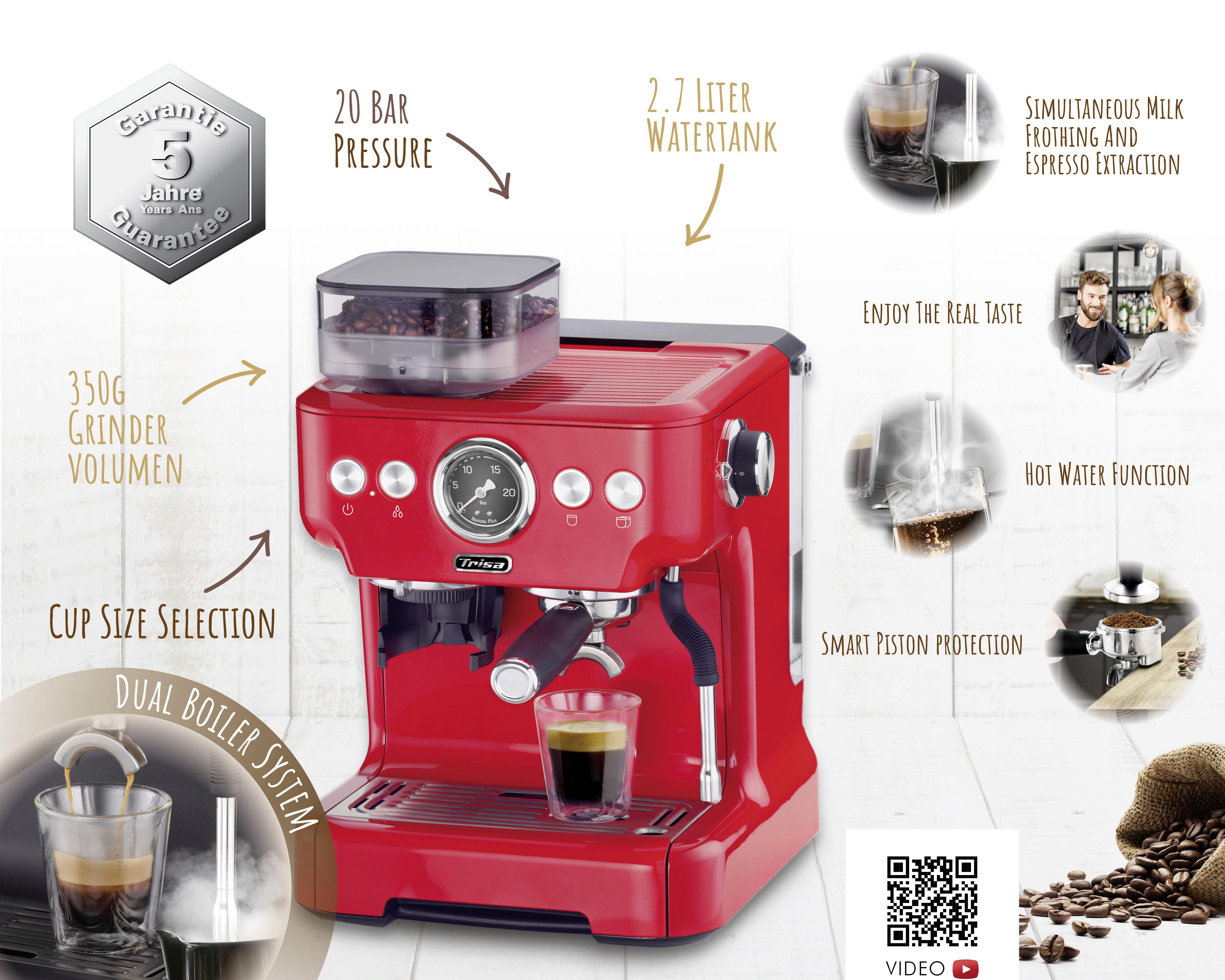 Espressomaschine Barista Plus 20 Bar 2,7 L Für 2 Tassen - Rot, Basics, Metall (32,5/41/28cm) - Trisa Electronics
