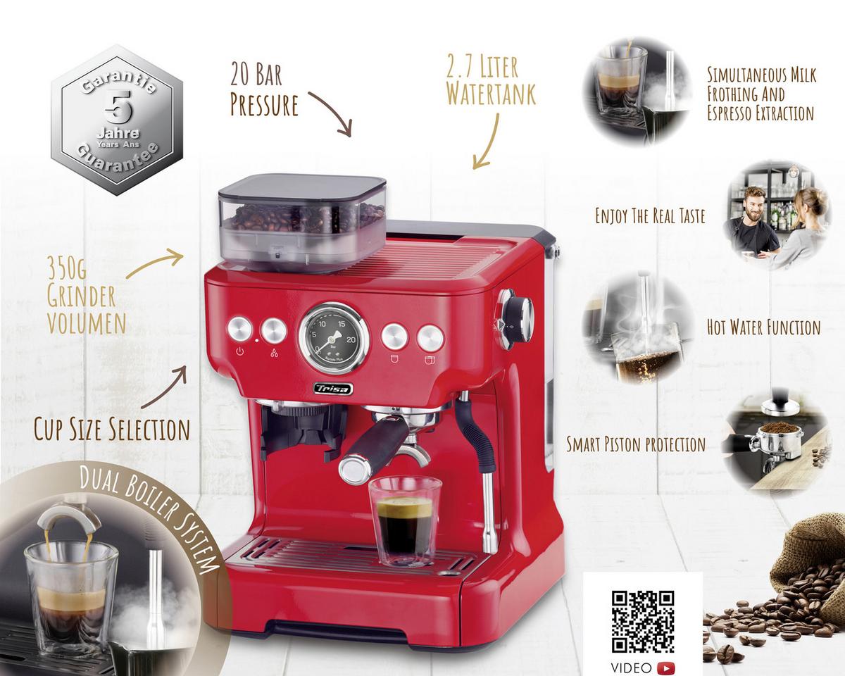 Espressomaschine Barista Plus 20 Bar 2,7 L für 2 Tassen - Rot, Basics, Metall (32,5/41/28cm) - Trisa Electronics