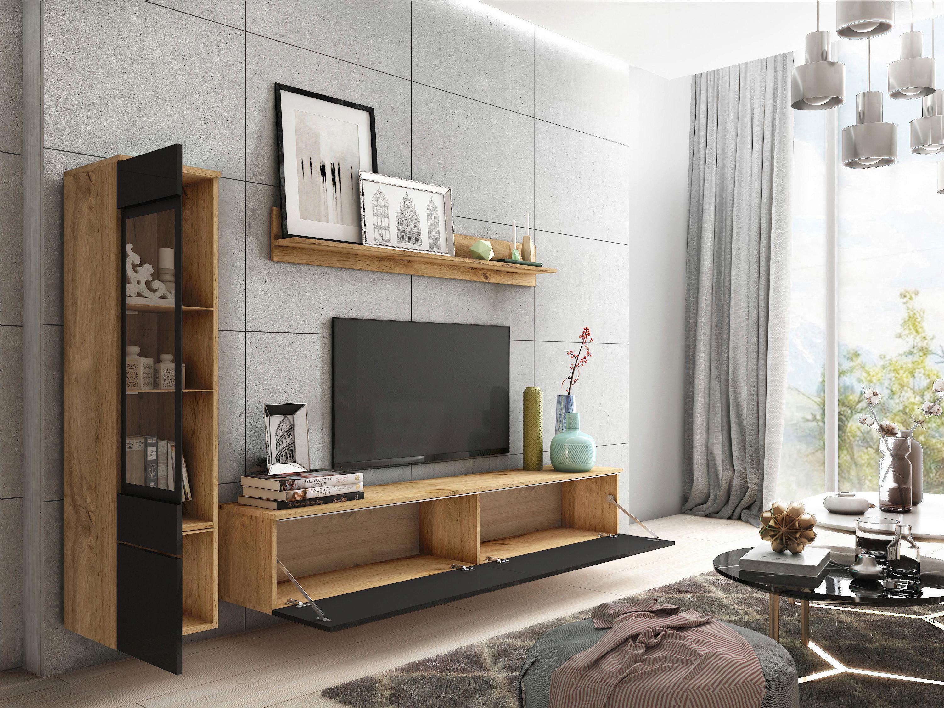 Wohnwand VERA in Schwarz mit Vitrine, TV-Möbel und Wandboard