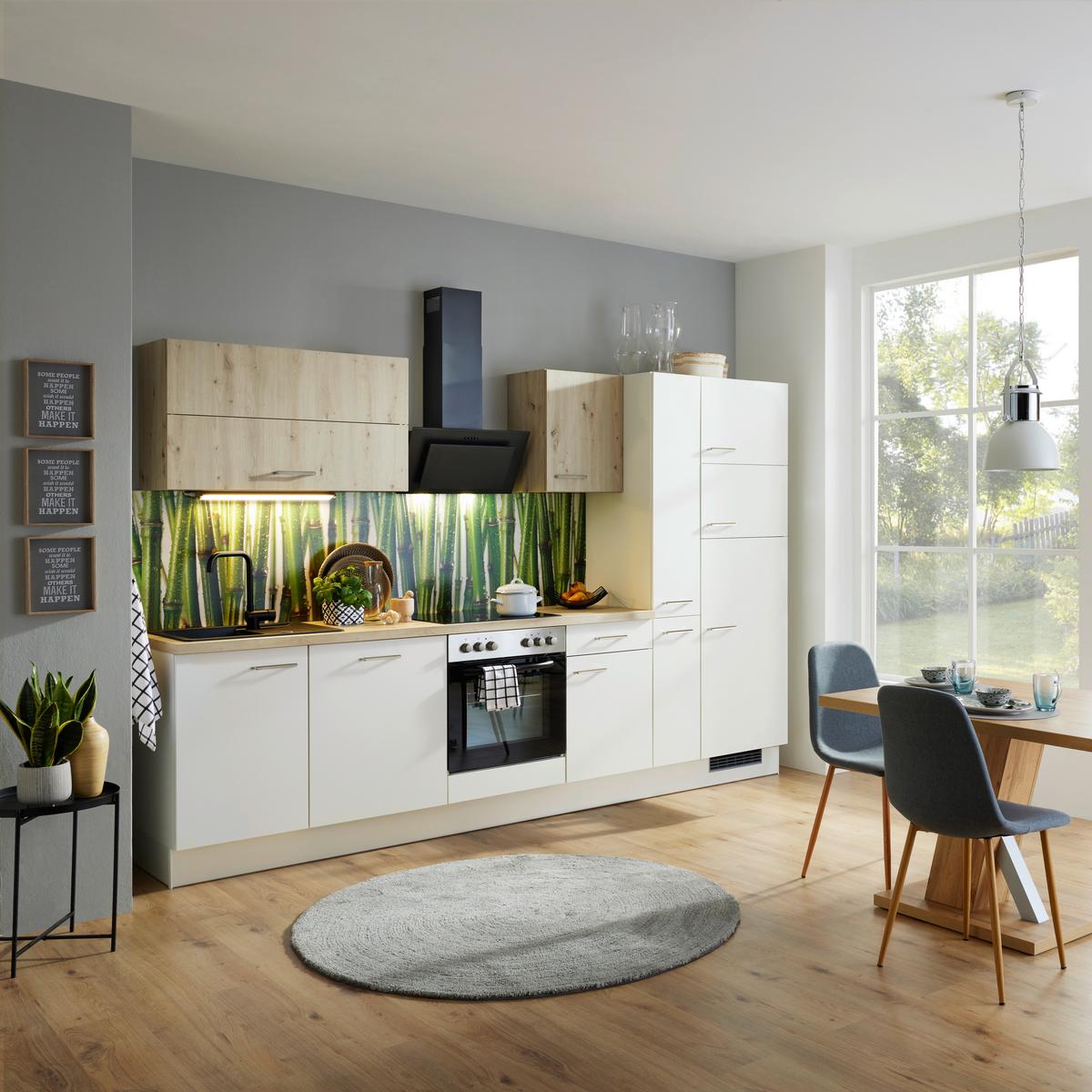 Küchenzeile Ip1200 mit Geräten 310 cm Weiß/Eiche Dekor - Eichefarben/Weiß, Basics, Holzwerkstoff (310cm)