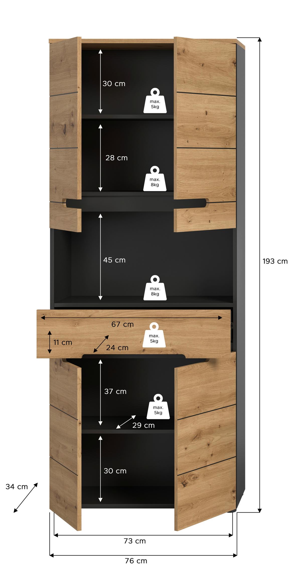 Hochschrank Canu Eiche Artisan Dekor Dunkelgrau - Dunkelgrau/Schwarz, MODERN, Holzwerkstoff (76/193/34cm) - MID.YOU