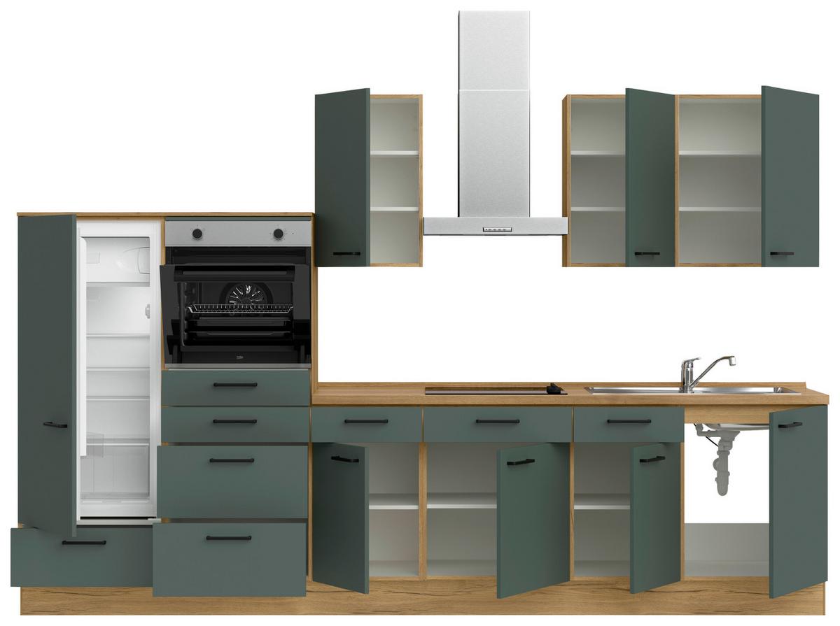 Kuchyňská linka 330 cm, minerální zelená,ultra matná - barvy dubu/černá, Moderní, kov/kompozitní dřevo (330cm) - Nobilia