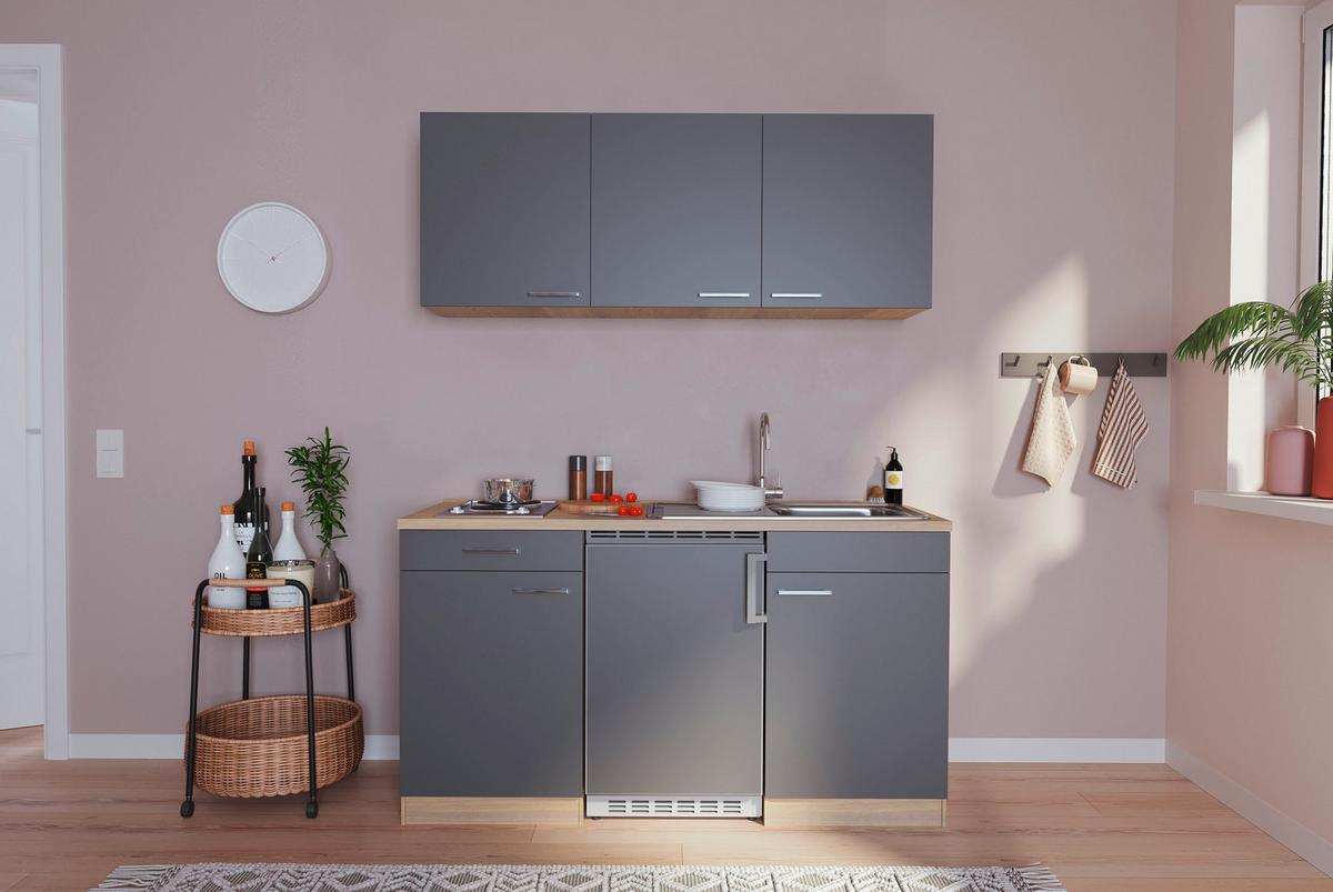 Miniküche Mit Kühlschrank + Kochfeld 150 Cm Grau/eichef. - Eichefarben/Grau, Basics, Holzwerkstoff (150cm) - Respekta
