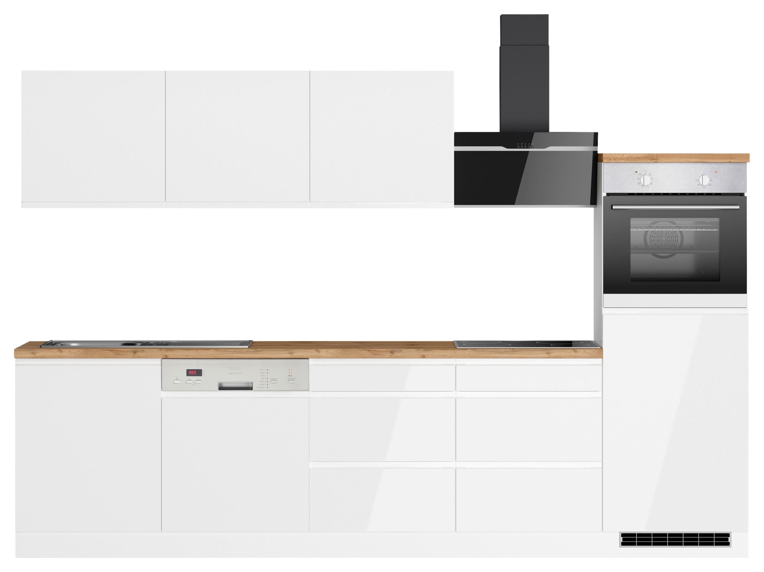 Küchenzeile Monza mit Geräten B: 300 cm Weiß/Eiche Dekor - Weiß Hochglanz/Eiche Wotan, LIFESTYLE, Holzwerkstoff (300cm) - Held