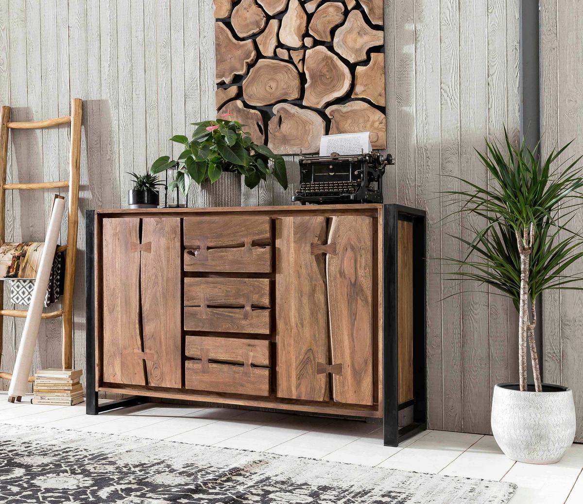 Sideboard Akazie/Schwarz B: 140cm - Schwarz/Naturfarben, Design, Holz/Metall (140/90/40cm) - MID.YOU
