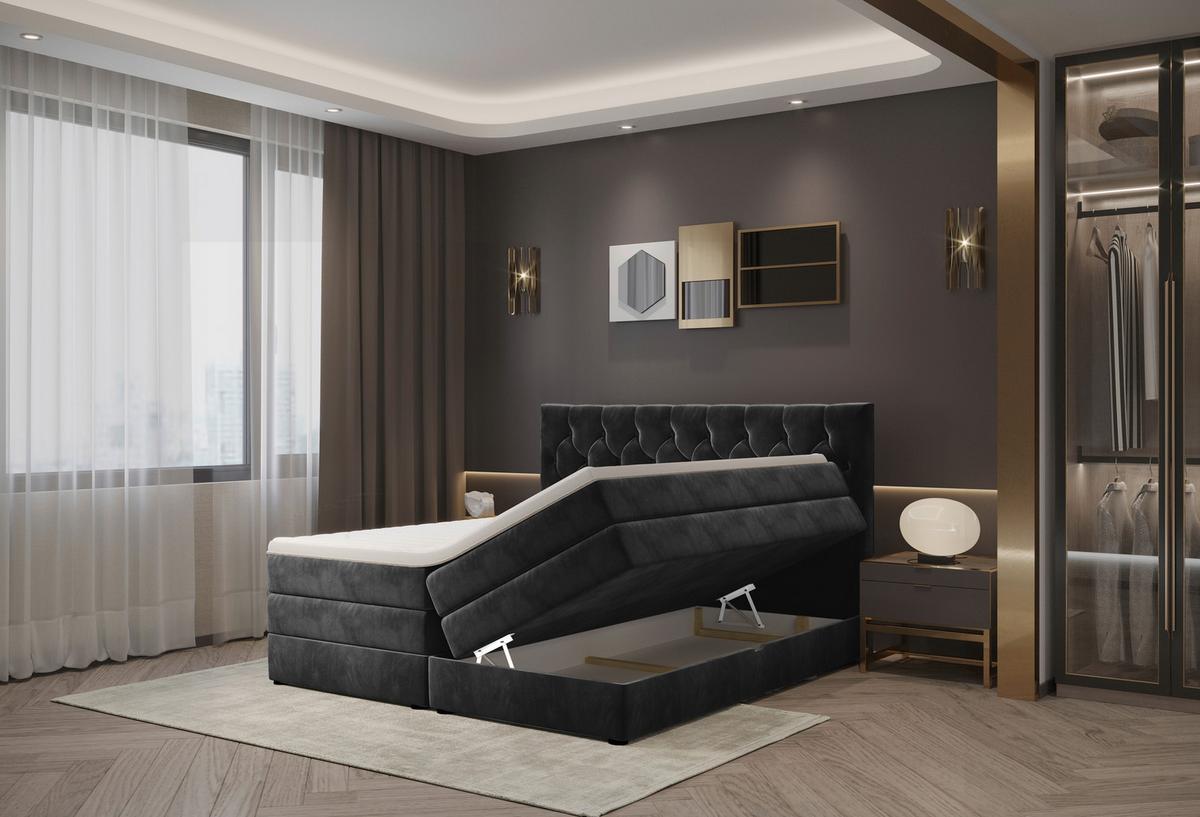 Boxspringbett Elio Schwarz 180x200 Cm H2 - Schwarz, ROMANTIK / LANDHAUS, Textil (184/121/212cm) - James Wood