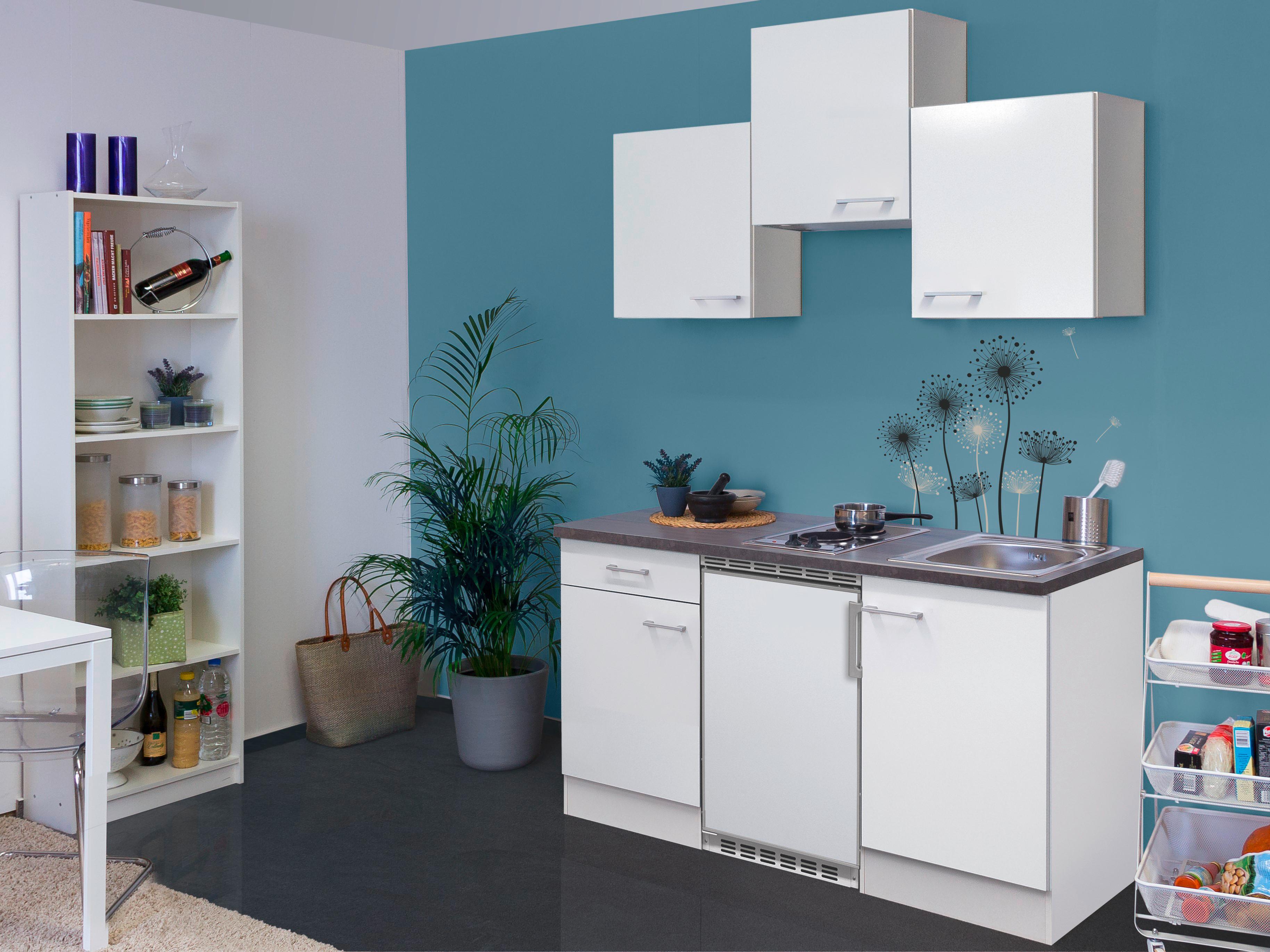 Minikuchyně LUCCA včetně spotřebičů a dřezu - bílá/barvy hliníku, Konvenční, kompozitní dřevo/plast (150cm)