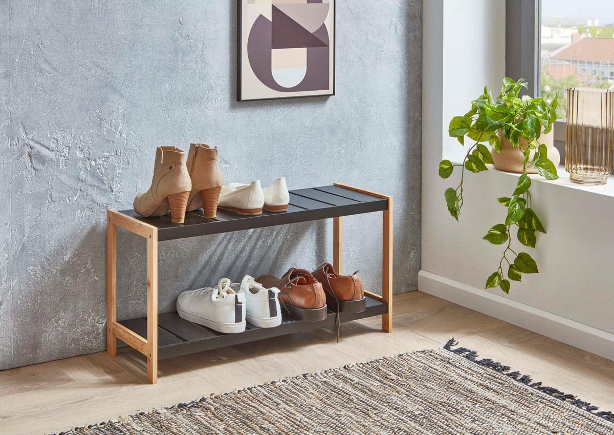 Schuhregal Schwarz B: 70 cm - Eichefarben/Schwarz, Design, Holzwerkstoff (70/36/26cm) - MID.YOU