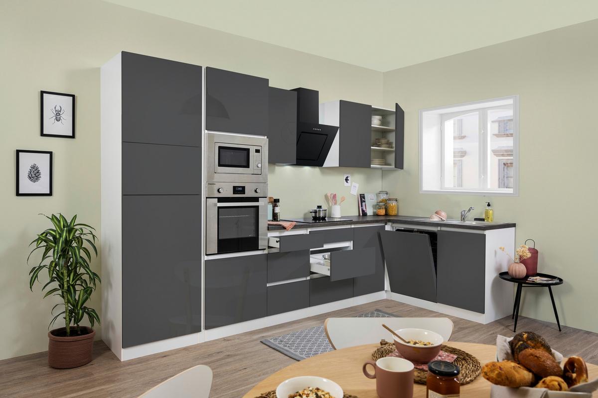 Eckküche Premium Mit Geräten 345 Cm Weiß/grau Hochglanz - Weiß/Grau, MODERN, Holzwerkstoff (345/172cm) - Respekta