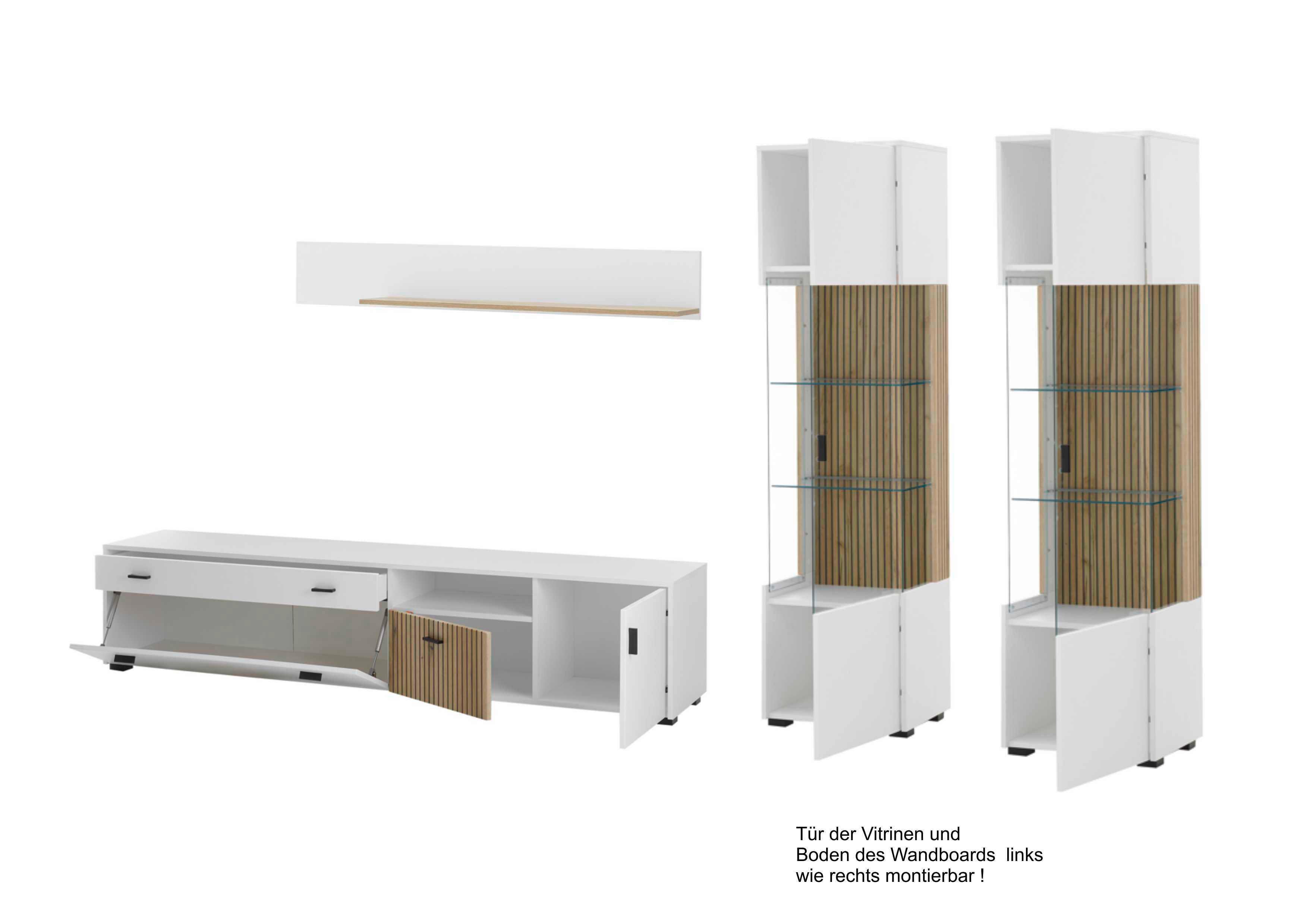 Wohnwand Hudson Weiß/Eichefarben B: 316cm - Eichefarben/Schwarz, Design, Glas/Holzwerkstoff (316/180/42cm) - MID.YOU