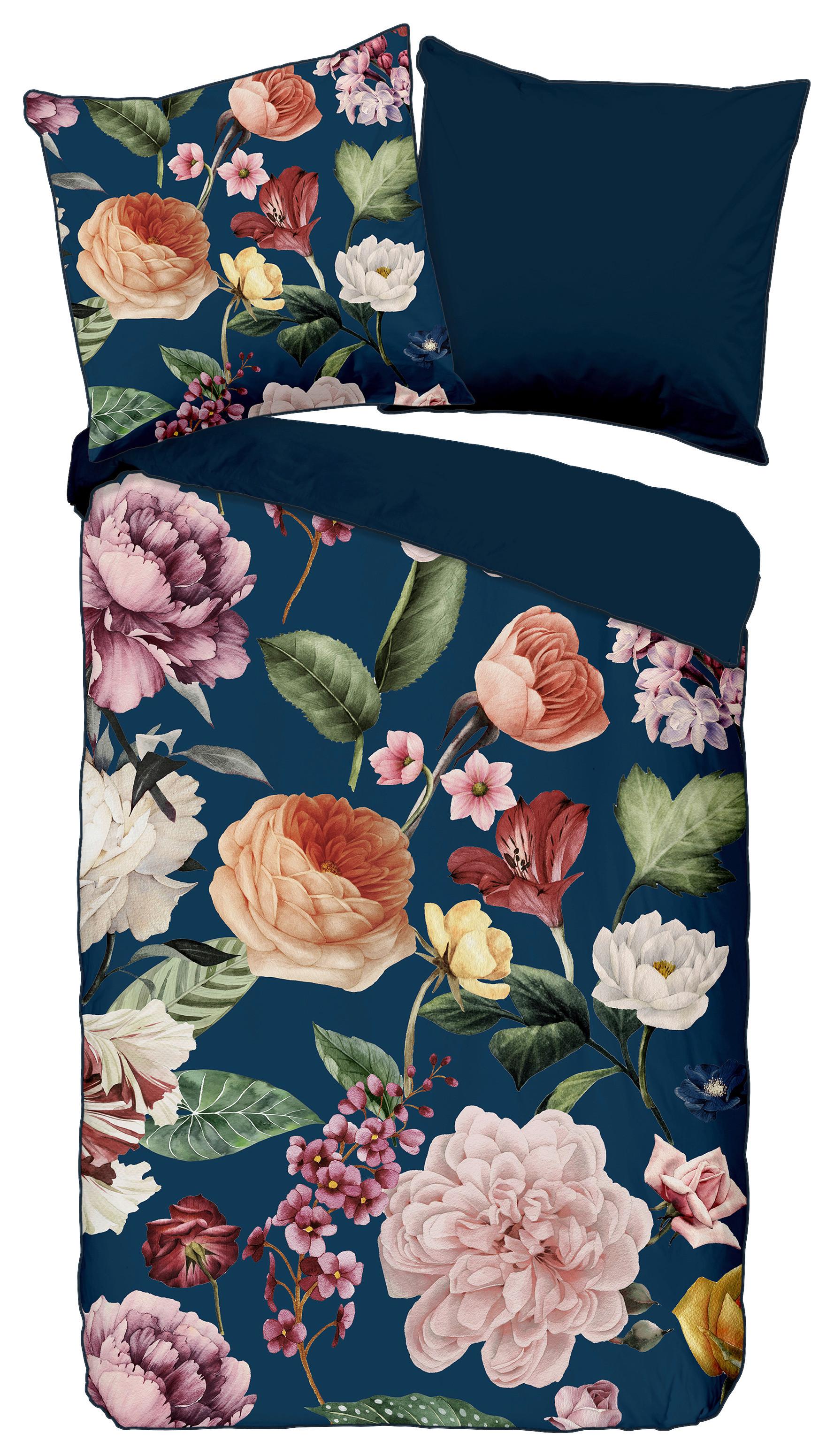 Wendebettwäsche Fiori Blau 135x200 cm - Blau/Dunkelblau, Natur, Textil (135/200cm)