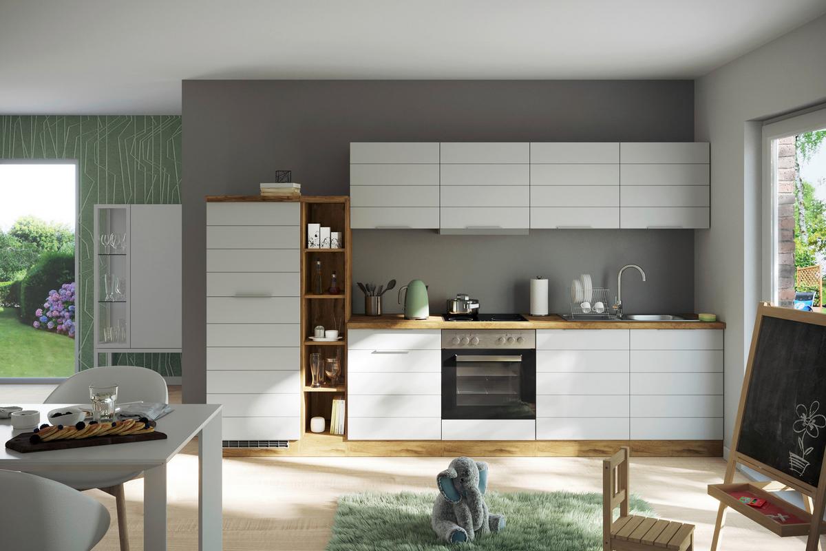 Küchenzeile Florenz ohne Geräte 330 cm Weiß/Eichefarben - Eiche Wotan/Weiß, Design, Holzwerkstoff (330cm) - Held