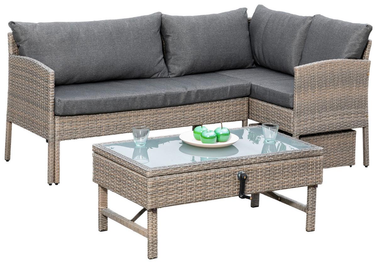 Loungegarnitur Viletta Aus Kunststoffgeflecht mit Kissen - Beige, MODERN, Glas/Kunststoff (190/113cm) - Gardenson
