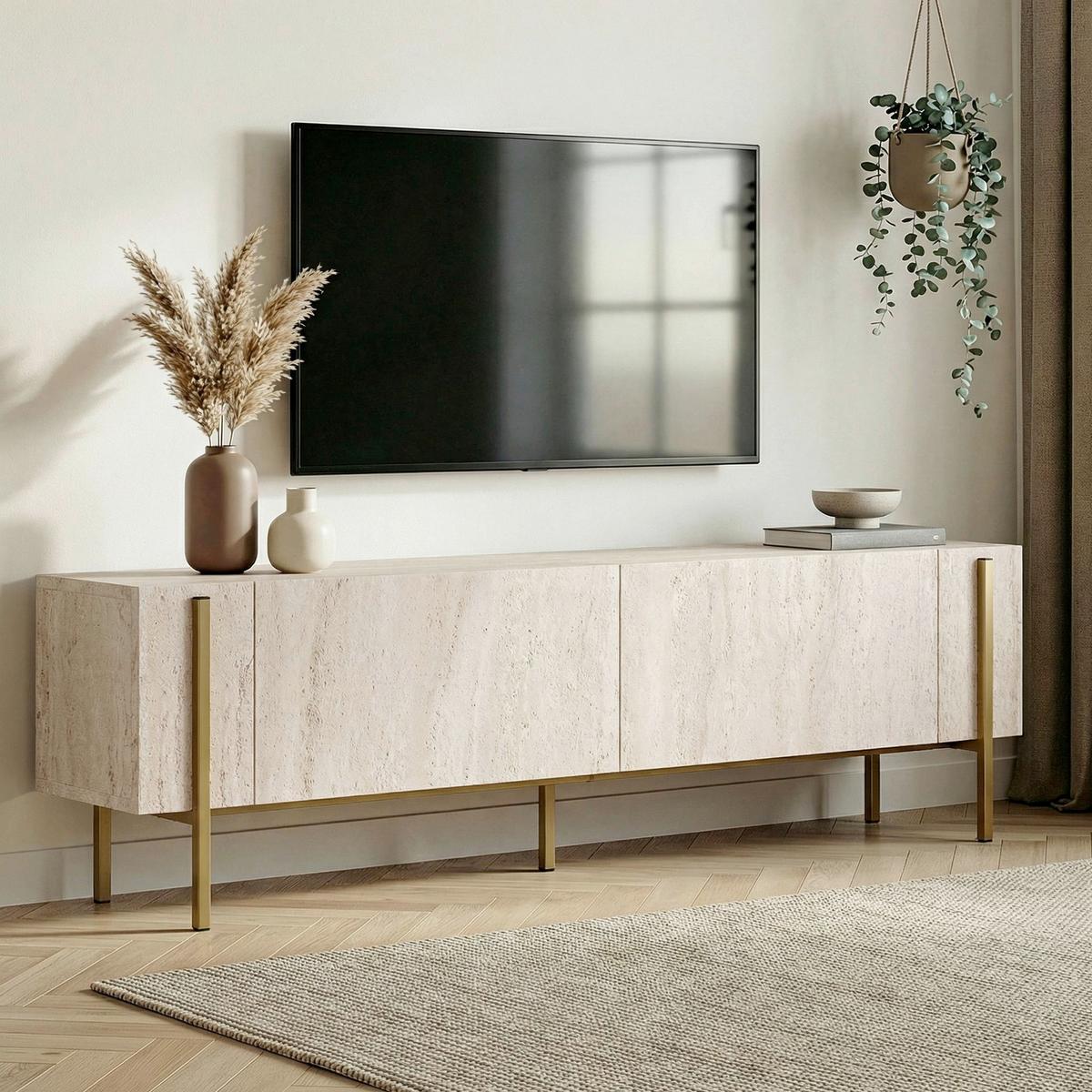 TV-ELEMENT Travertine/Gold B: 180cm - Elfenbein/Goldfarben, MODERN, Holzwerkstoff (180/45/30cm)