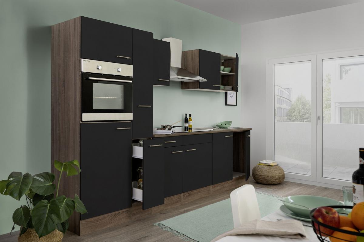 Küchenzeile mit Geräten B: 300 cm Schwarz/Eiche Dekor - Eichefarben/Schwarz, Design, Holzwerkstoff (300cm) - Respekta
