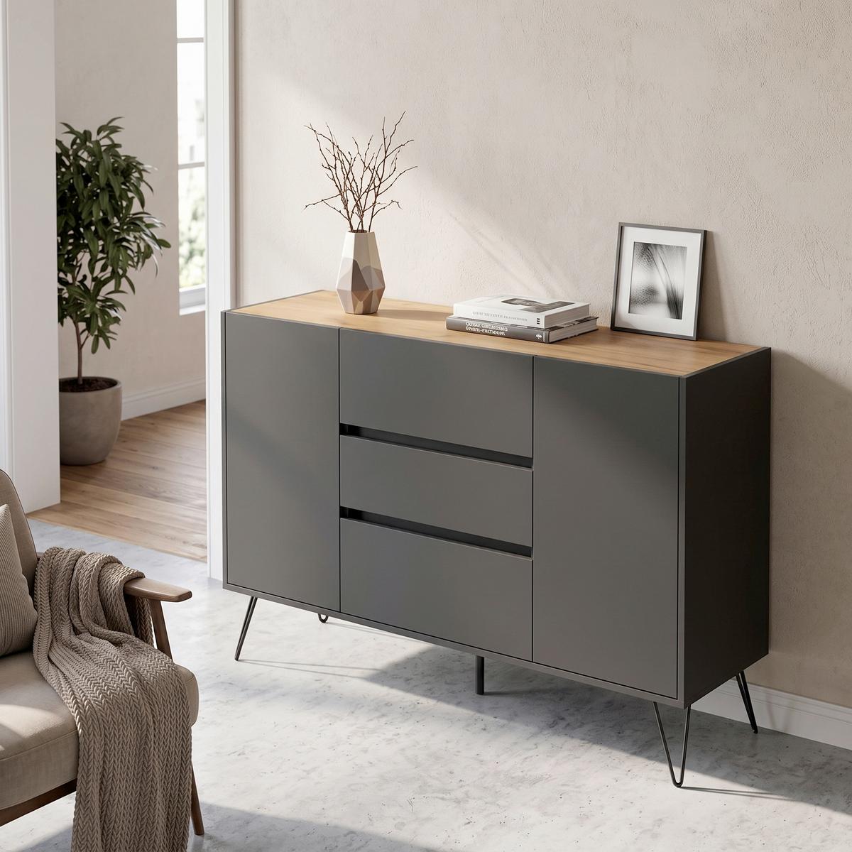 Sideboard Posseik Industrial Eichefarben/Graphitfarben B:140 cm - Eichefarben/Graphitfarben, Design, Holzwerkstoff (140/93,6/42cm) - MID.YOU