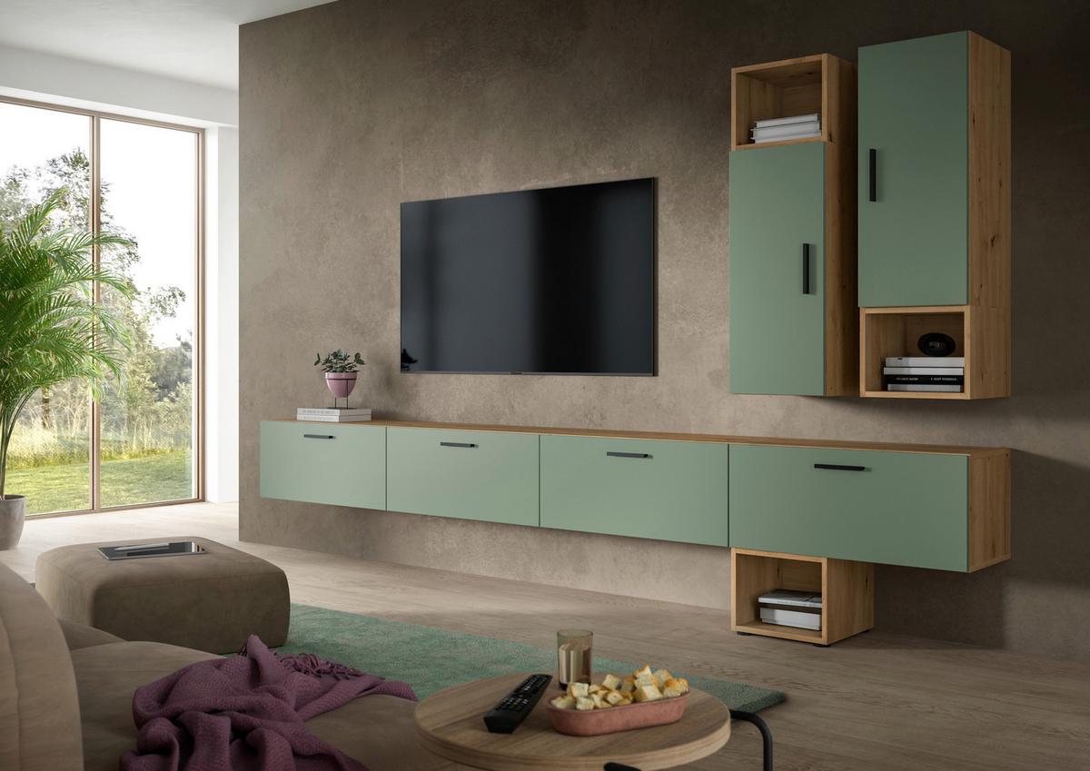 Wohwand, The One Olivgrün/artisan Eiche Dekor - Schwarz/Olivgrün, Trend, Holzwerkstoff (75/32/32/77/33cm)