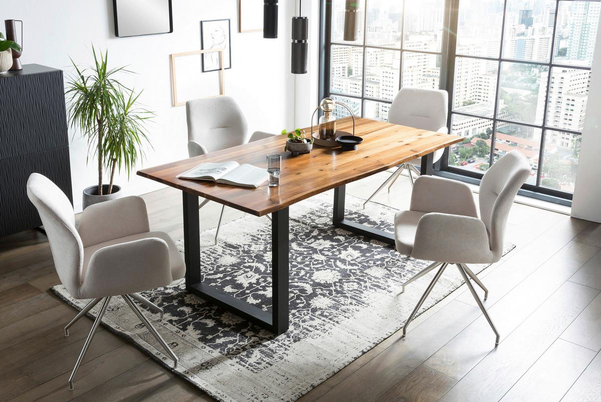 Tischgruppe Hellgrau/Cognac L: 180cm - Cognac/Silberfarben, MODERN, Holz/Textil (180/90/77cm) - Livetastic