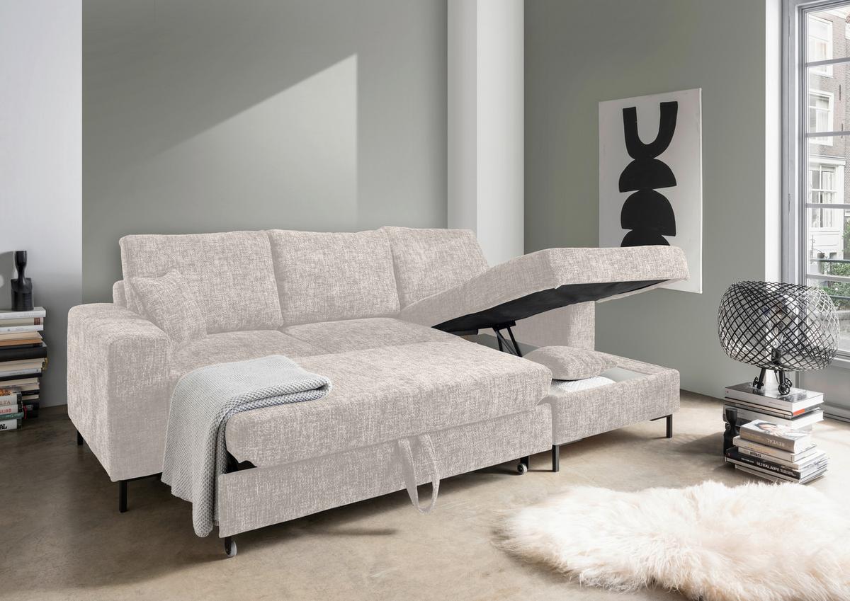Eckschlafsofa Zona, Creme S: 237x143 Cm - Creme/Schwarz, KONVENTIONELL, Textil (237/143cm) - Livetastic