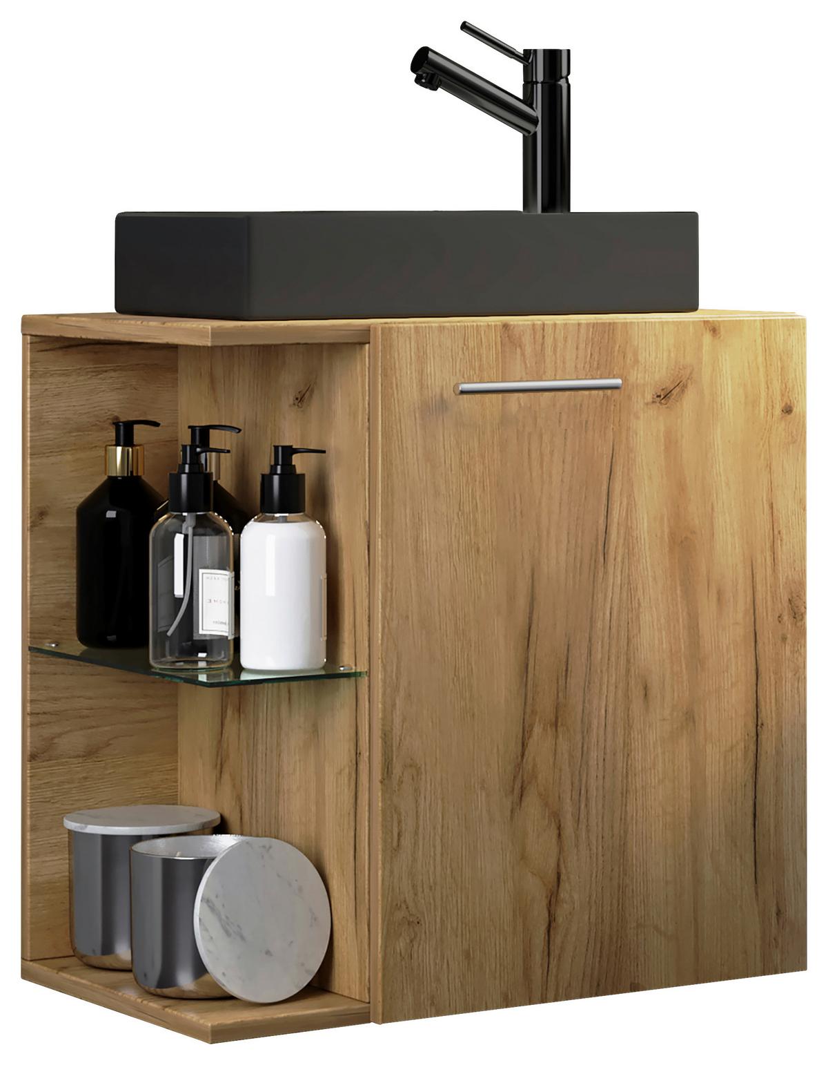 Waschtischkombi Hausa Bl - Honigeiche/Schwarz, MODERN, Glas/Keramik (52cm) - MID.YOU