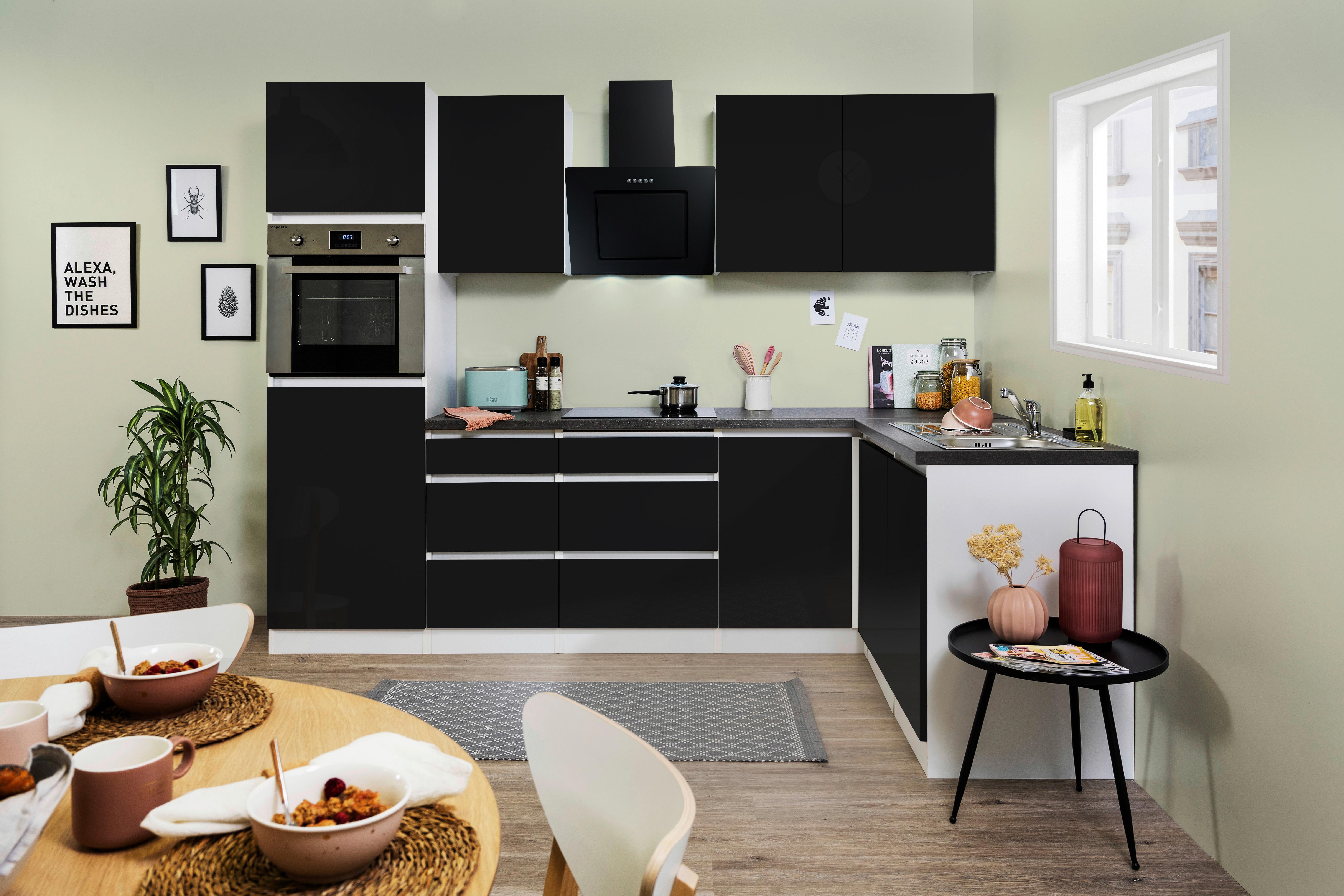 Küchenzeile Premium mit Geräten 280 cm Weiß/Schwarz Modern - Schwarz Hochglanz/Schwarz, MODERN, Holzwerkstoff (280/172cm) - Respekta
