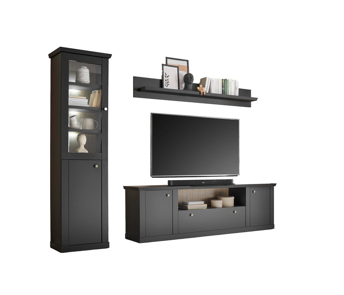 Wohnwand Lincoln Schwarz/Eichefarben B: 270cm - Eichefarben/Schwarz, Design, Holzwerkstoff (270/200/42cm) - MID.YOU