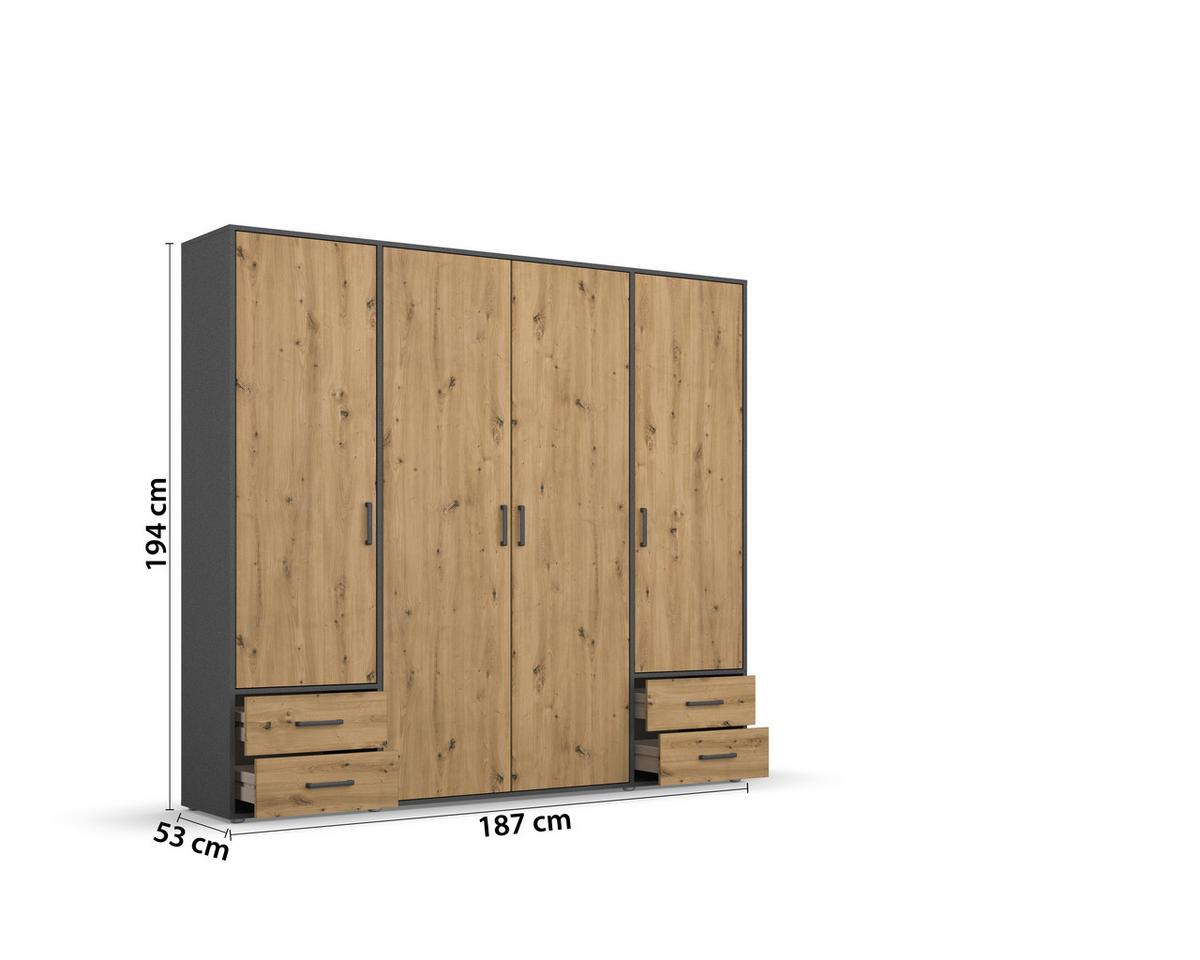 Drehtürenschrank Voyager Grau,eiche Artisan B: 187 Cm - Eiche Artisan/Grau, MODERN, Holzwerkstoff (187/194/53cm) - Rauch Möbel