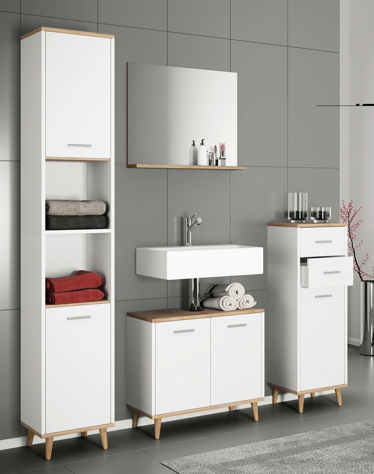 Bademöbel-Set 4-Tlg. Landos B: 144 cm Weiß/Eiche Dekor - Honigeiche/Weiß, MODERN, Holzwerkstoff (124cm) - MID.YOU