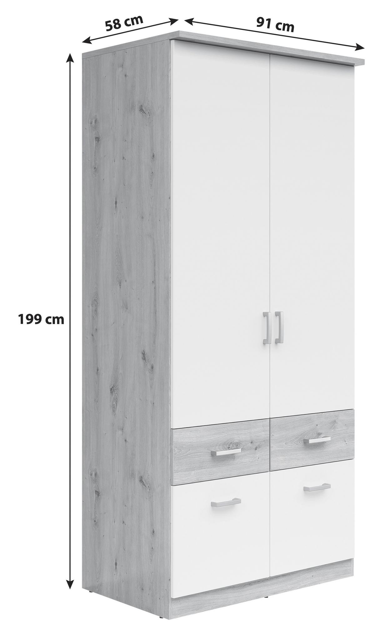 Skříň BRANDO 91cm dekor dub Artisan/bílá matná - bílá/barvy stříbra, Konvenční, kompozitní dřevo/plast (91/199/58cm)