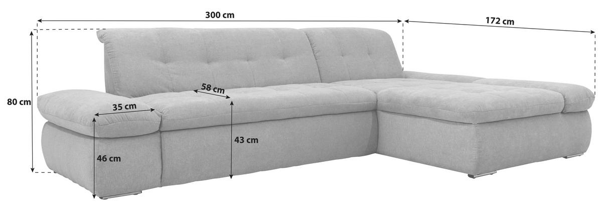 Ecksofa Mit Armteilverstellung Moric Grau Mikrofaser - Chromfarben/Grau, KONVENTIONELL, Textil (300/172cm) - MID.YOU
