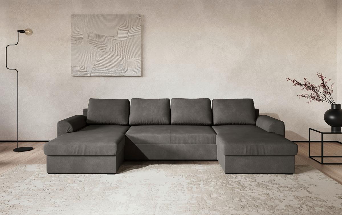 Wohnlandschaft m. Bettfunktion Mikrofaser grau, B: 327cm - Schwarz/Grau, Trend, Textil (154/327/86cm) - MID.YOU