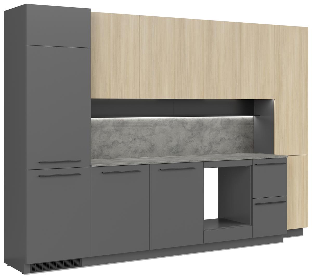 Kuchynský blok MILINO MEDIUM vrát.obkladu a LED regálu - čierna/grafitová, Basics, kompozitné drevo/plast (330/230/60cm) - Visiona