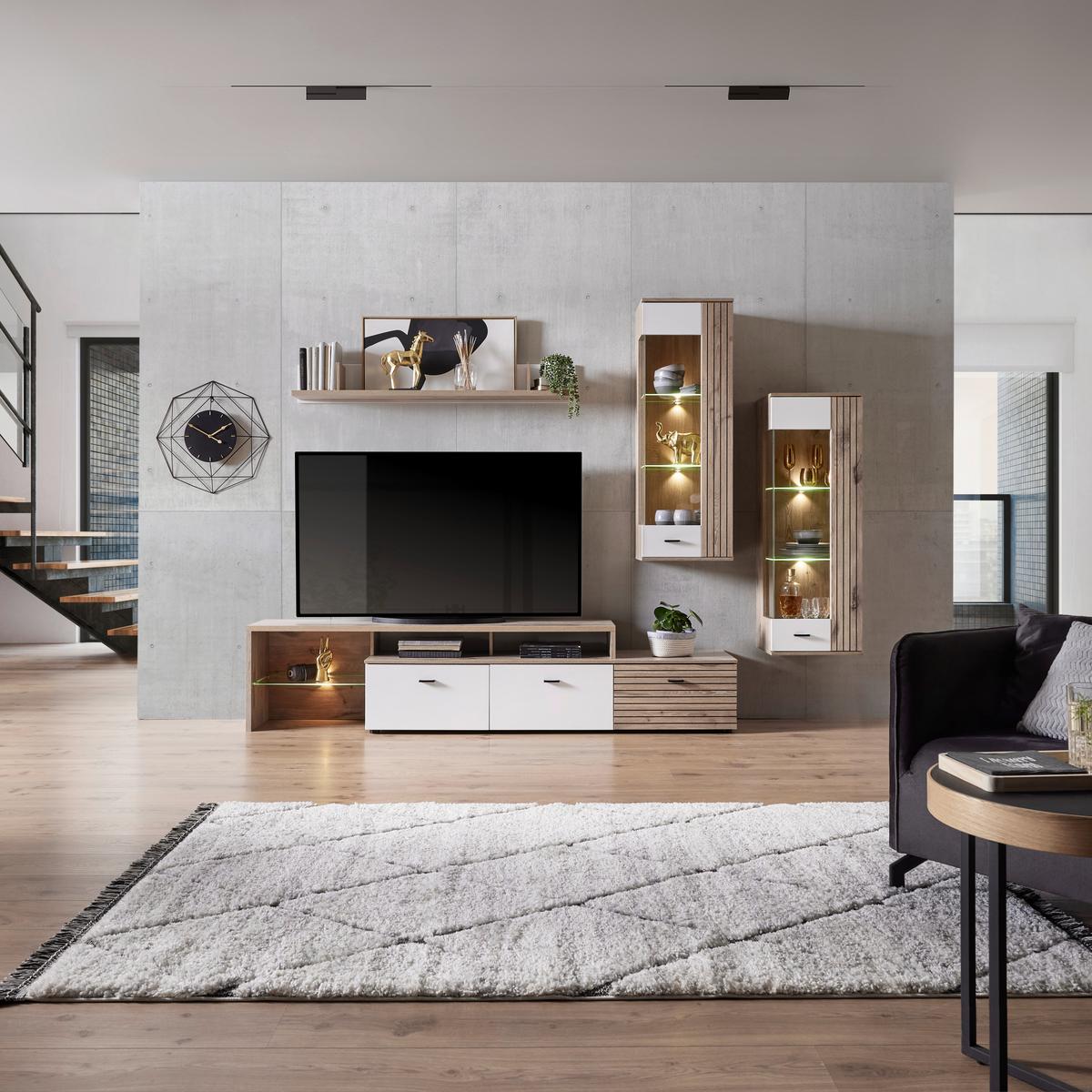 Tv-lowboard Liverpool B: 239 Cm Weiß/eichefarben - Eichefarben/Schwarz, MODERN, Glas/Holzwerkstoff (239/52/44cm)