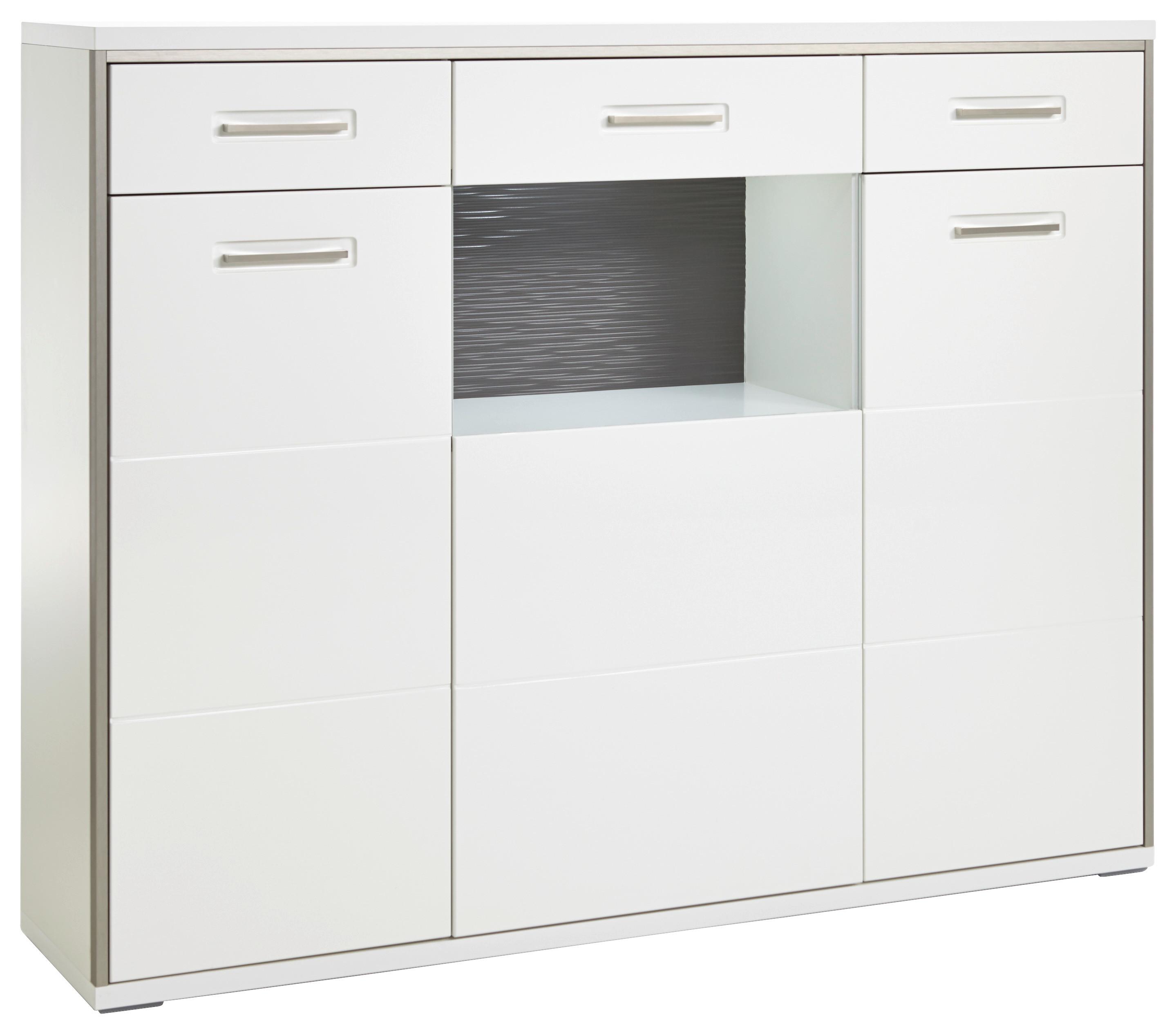 Highboard B: 153 cm Trento Grau/Silberfarben/Weiß - Weiß Hochglanz/Silberfarben, Design, Glas/Holzwerkstoff (153/121/45cm) - Livetastic