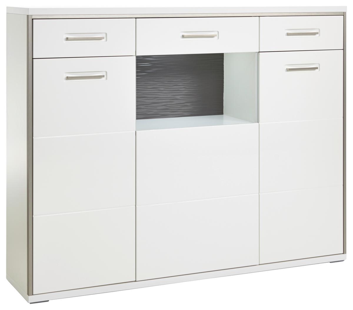 Highboard B: 153 cm Trento Grau/Silberfarben/Weiß - Weiß Hochglanz/Silberfarben, Design, Glas/Holzwerkstoff (153/121/45cm) - Livetastic