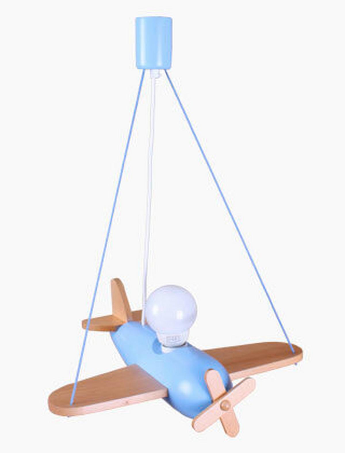 Kinderhängeleuchte Flugzeug H: 75 Cm 1-Flammig - Blau/Naturfarben, Basics, Holz (42/41/75cm)