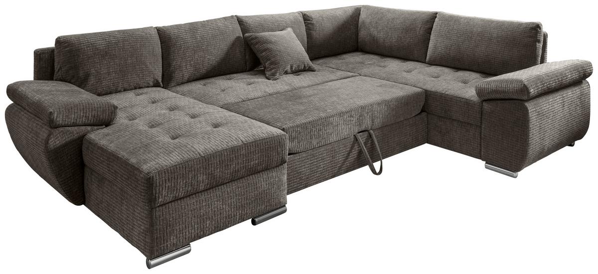 Wohnlandschaft Terana Graubr. mit Schlaffunktion, Mikrofaser - Chromfarben/Graubraun, KONVENTIONELL, Textil (157/305/219cm) - Livetastic