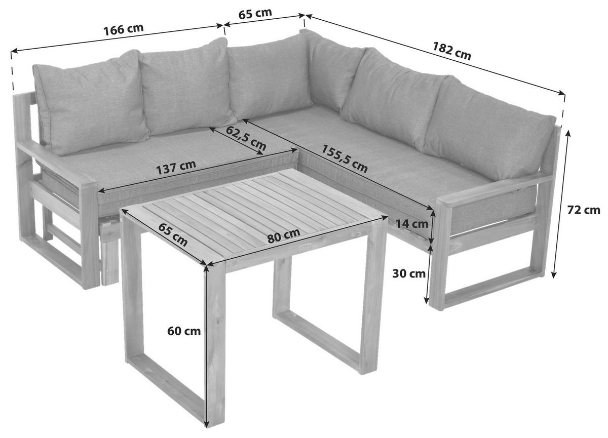 Loungegarnitur Merida Eckset - Naturfarben/Grau, MODERN, Holz (182/166/62,5cm) - Gardenson
