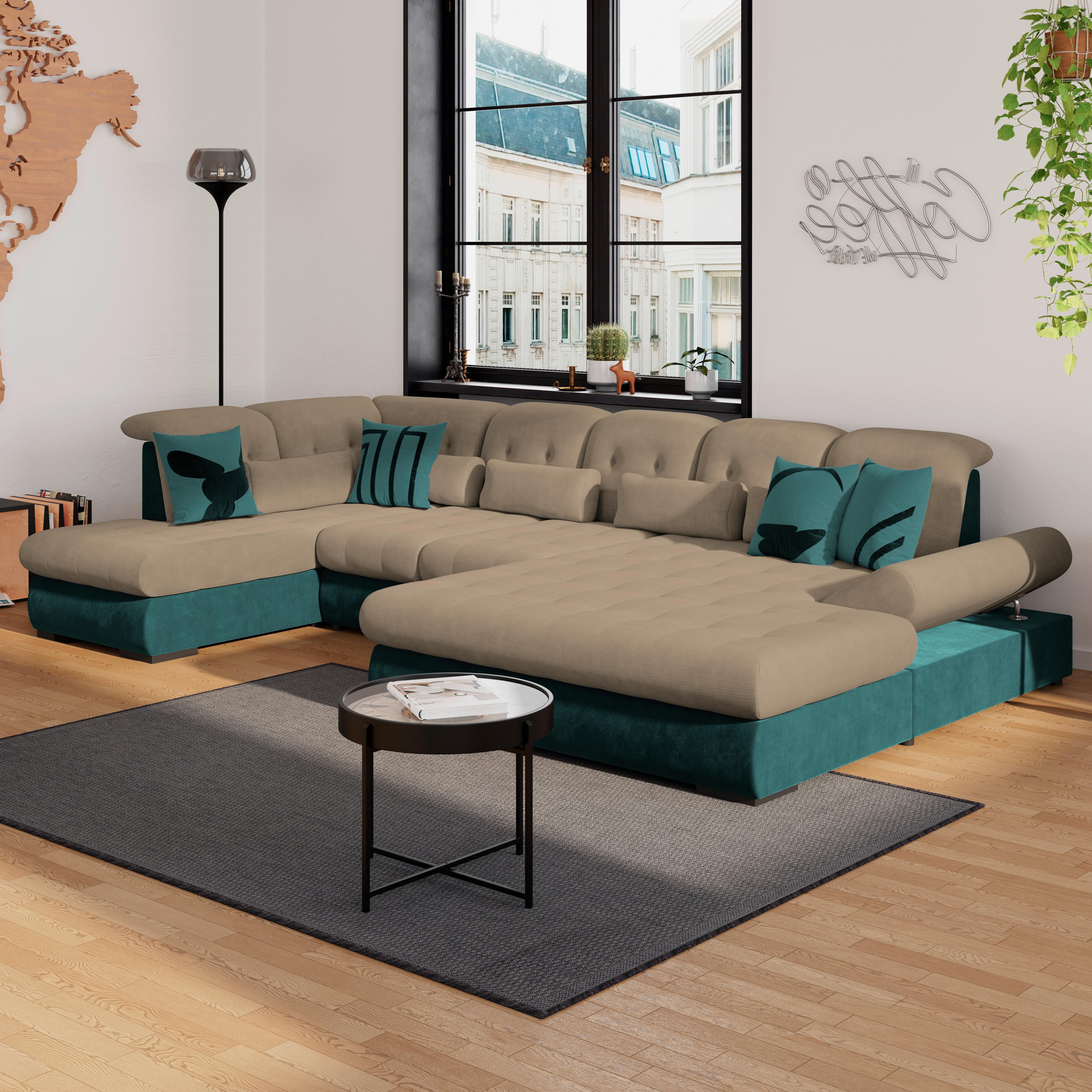 Wohnlandschaft Madera Dunkelbraun U: 212x358x190 cm - Türkis/Dunkelbraun, KONVENTIONELL, Kunststoff/Textil (212/358/190cm)