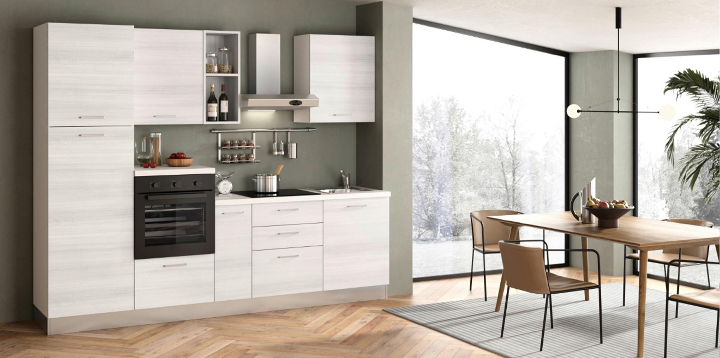 Küchenzeile Olimpia Mit Kühlschrank 270 Cm Weiß - Eukalyptusholzfarben/Alufarben, LIFESTYLE, Holzwerkstoff/Kunststoff (270cm) - MID.YOU