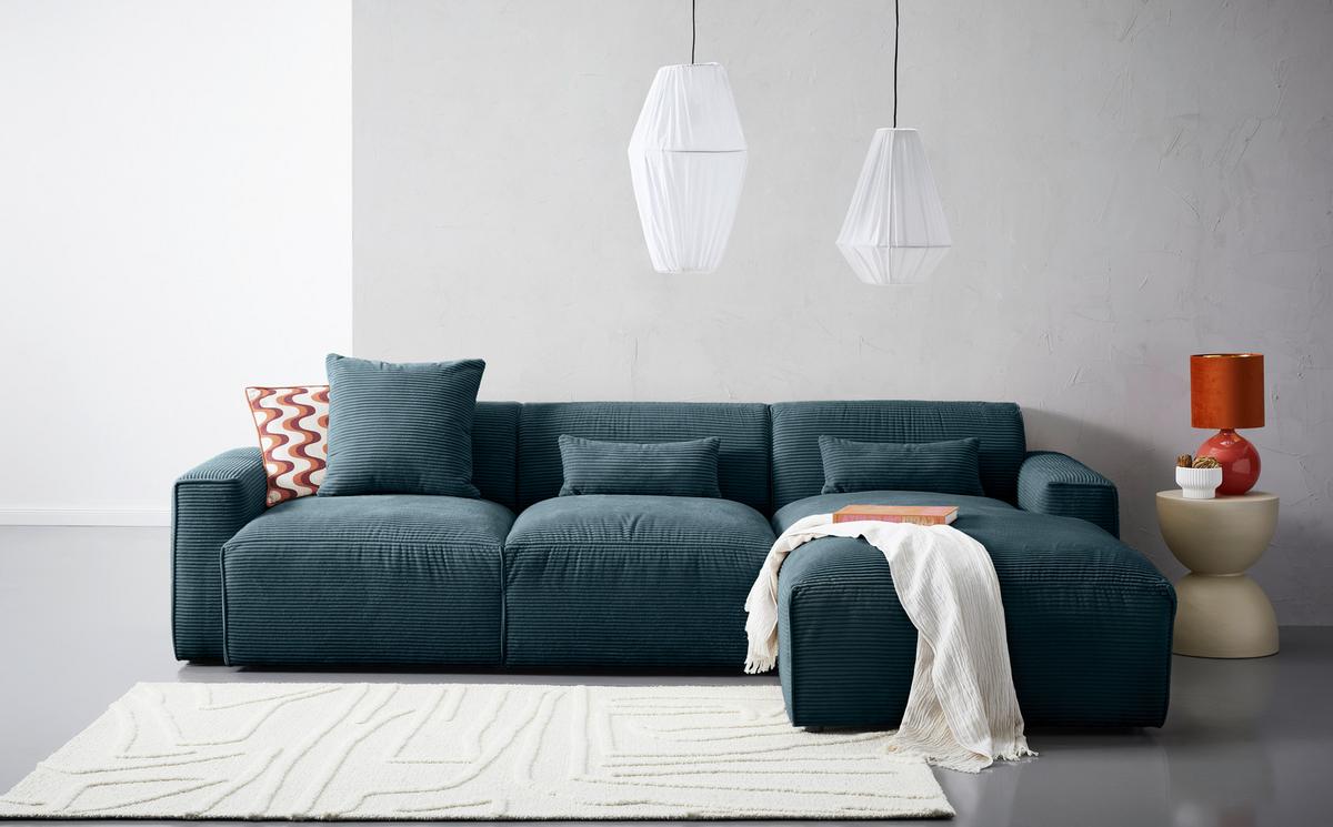 Ecksofa Pearl - Petrol/Schwarz, Design, Textil (303/196cm) - Livetastic