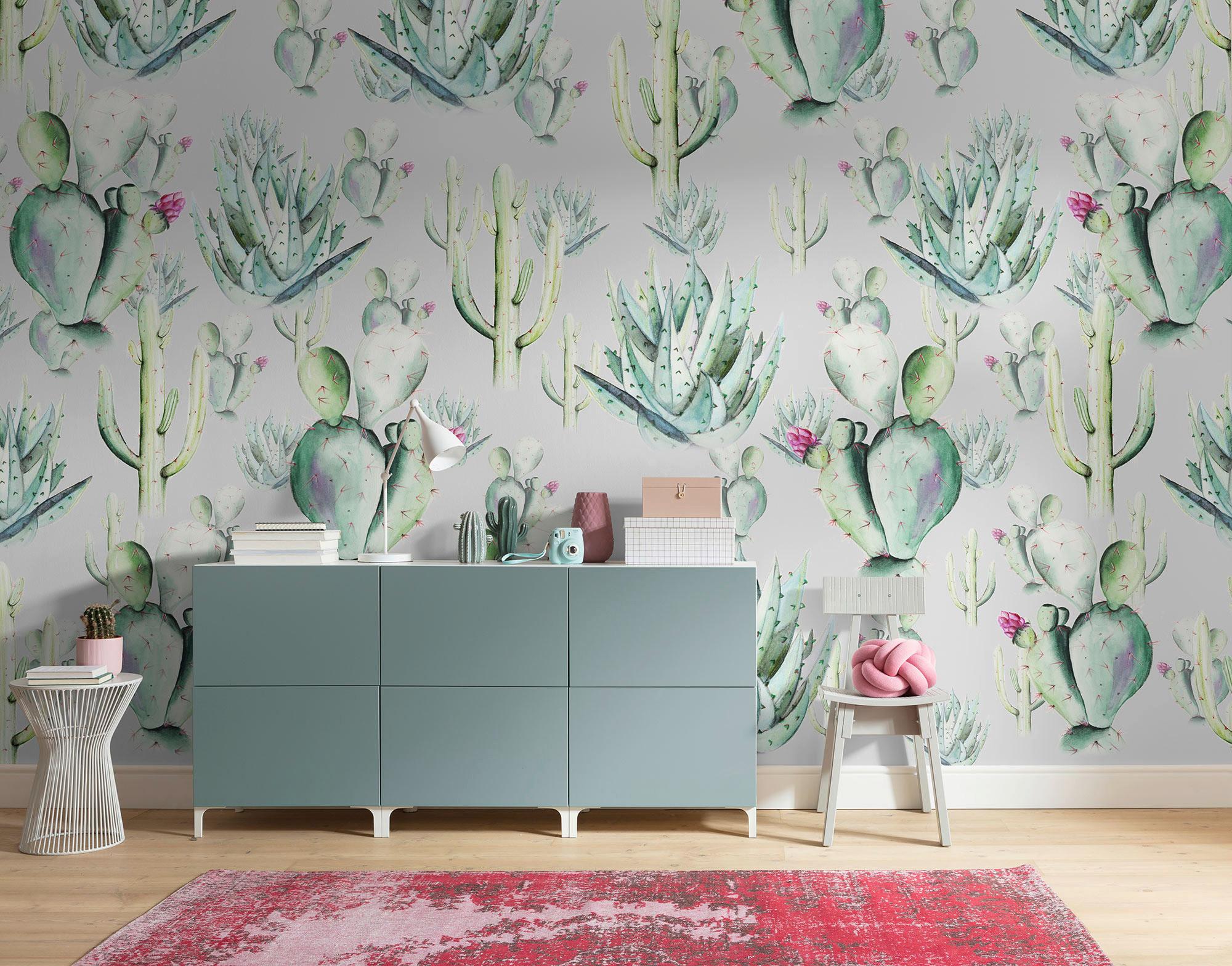 Vliestapete Cactus Grey - Grau/Grün, Basics (400/250cm) - Komar