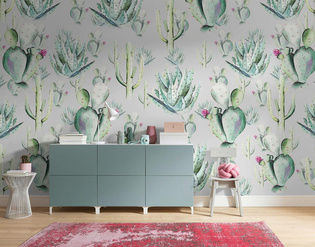 Vliestapete Cactus Grey - Grau/Grün, Basics (400/250cm) - Komar