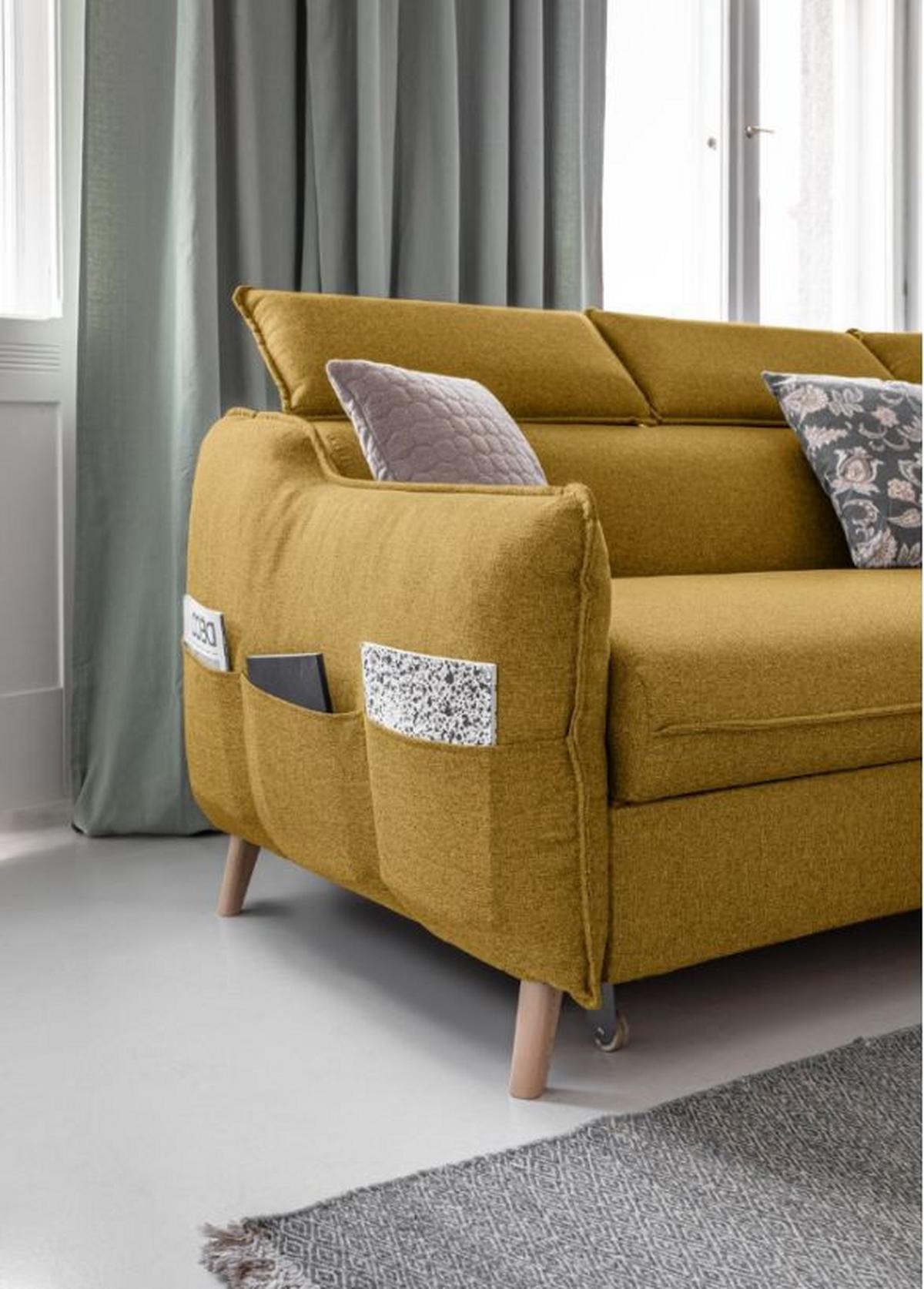 Rozkladacia sedačka Simone, pravé prevedenie - horčicovožltá/prírodná farba, Modern, drevo/textil (253/82/95/208cm)